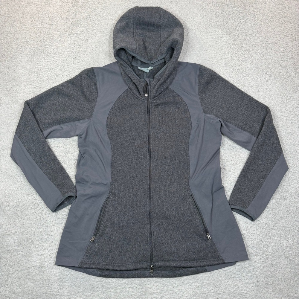 Athleta Womens XL Gray Full Zip Hooded Mixed Media Fleece Jacket Activity Layer
